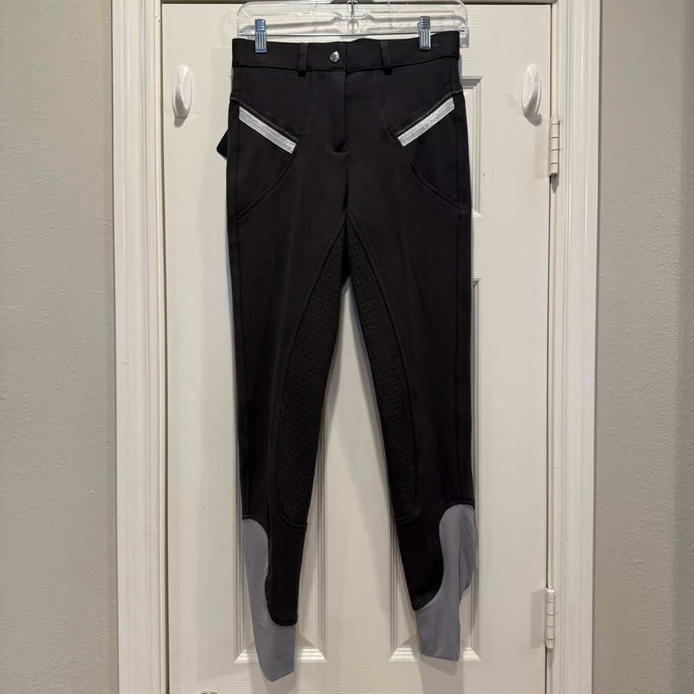 HR Farm Horse Riding Pants Women Size 26 Equestrian Grey Black Metallic Stretch